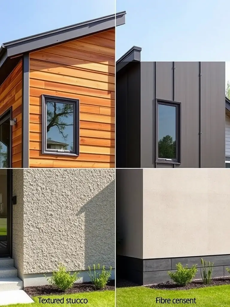 An image showcasing various exterior cladding options (e.g., wood, metal, stucco) for a steel frame house, demonstrating the customization possibilities offered by Török & Török Metál Kft.