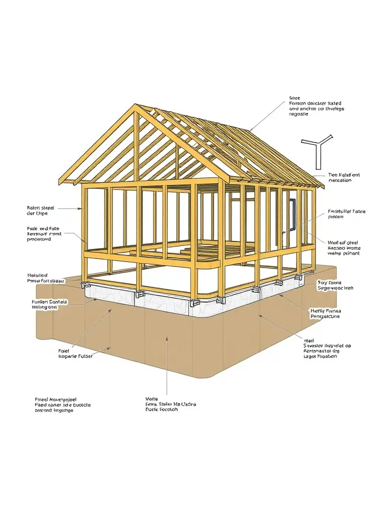 A step-by-step diagram illustrating the entire construction process of a quick house, from foundation to finishing, in Hungarian.
