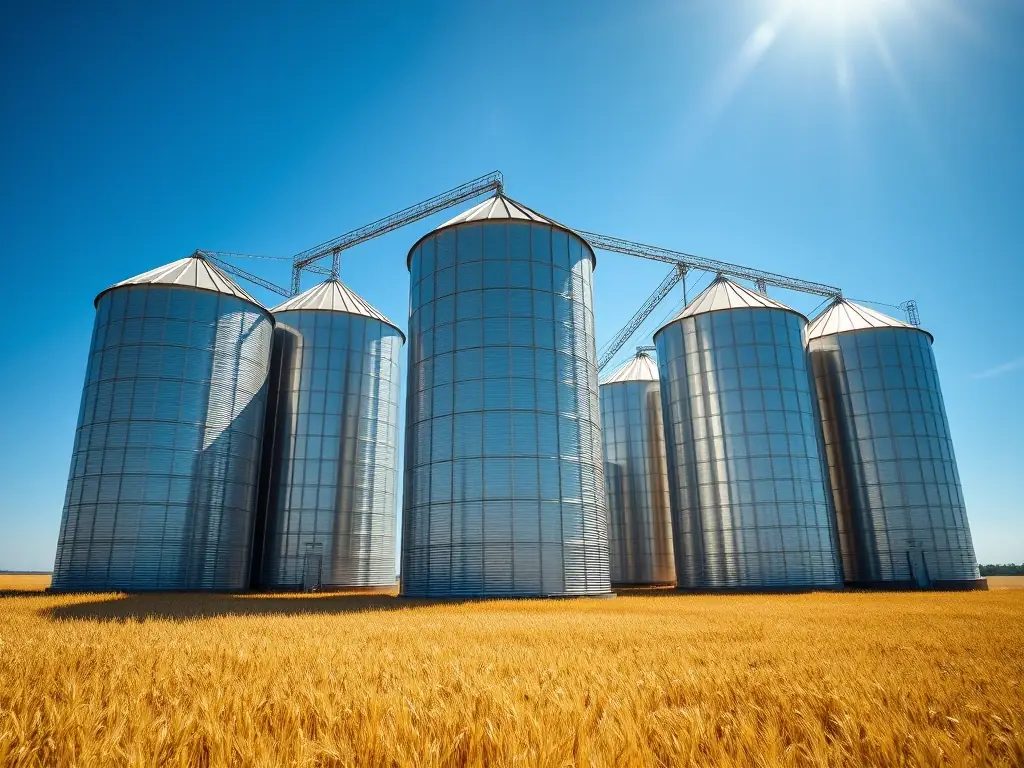 A high-angle, sunlit photograph showcases a cluster of gleaming metal silos on a vast, golden wheat field, emphasizing their robust construction and significant storage capacity.