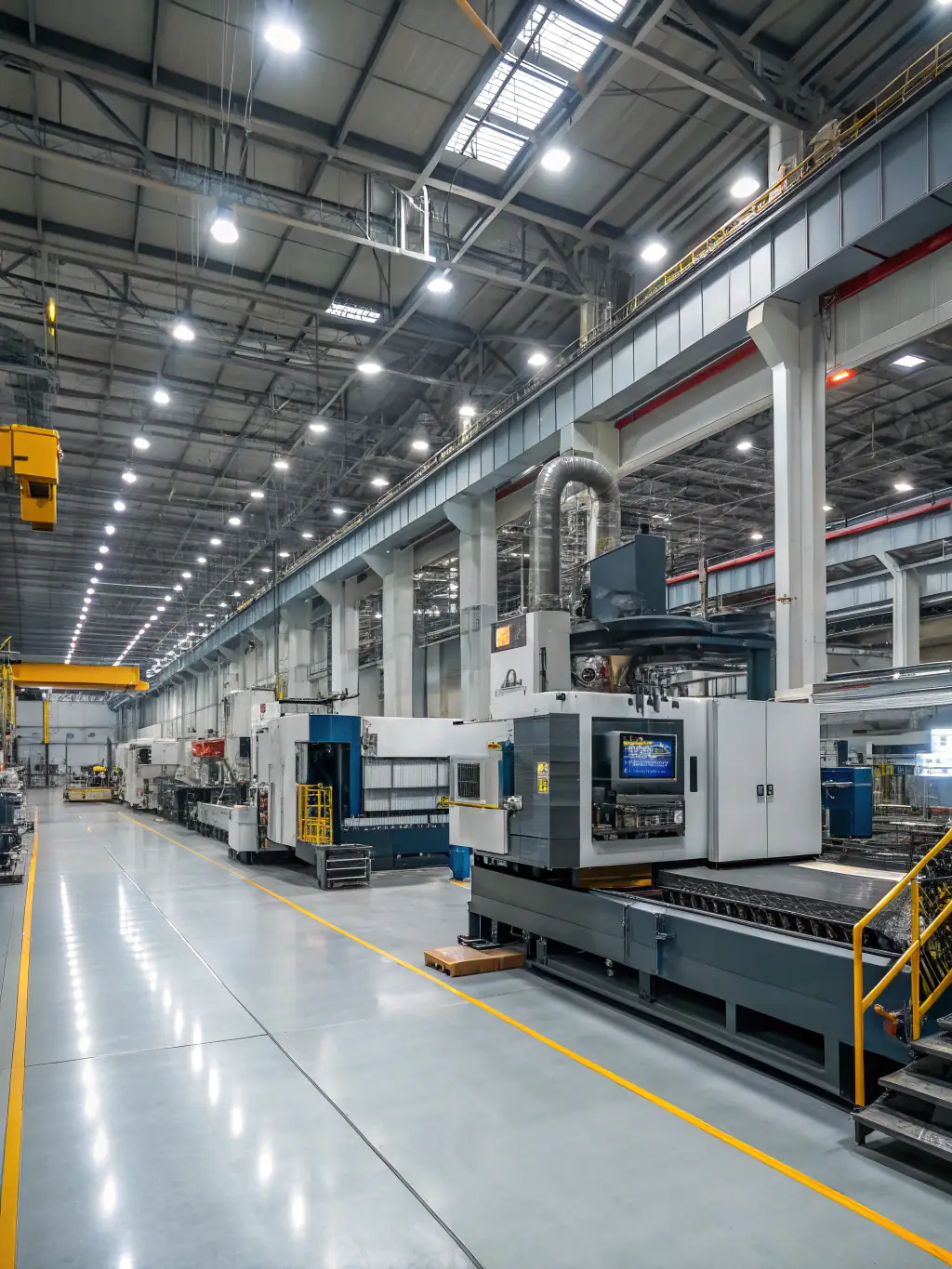 An interior shot of a steel-framed production facility, showcasing the integration of machinery, equipment, and workstations within the open and flexible space.
