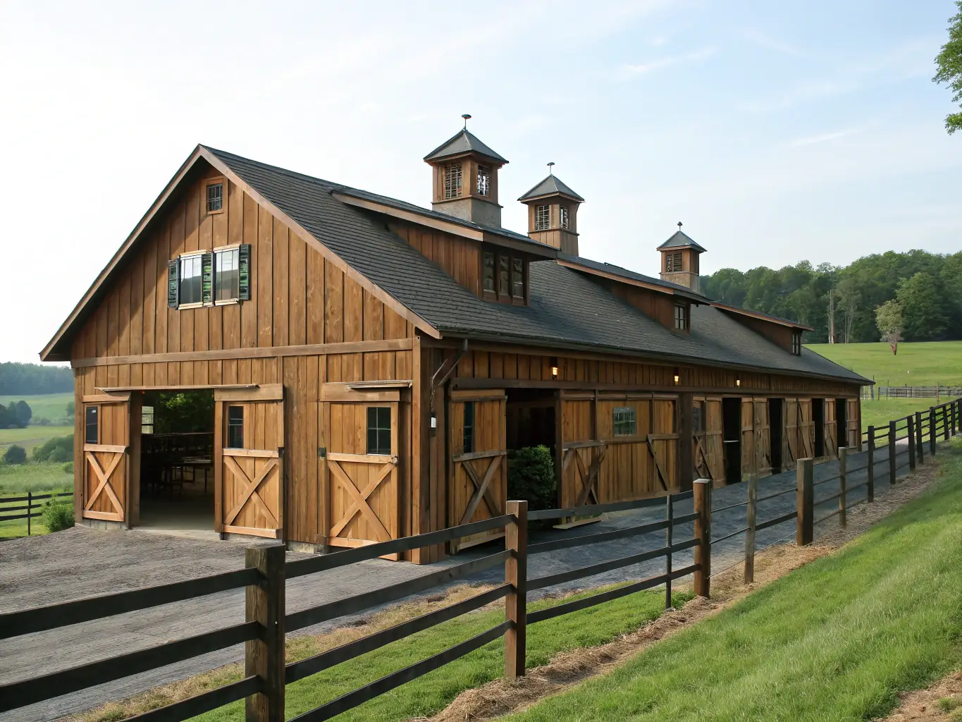 A wide, daytime shot captures a sturdy, red barn with a metal roof, set against a backdrop of rolling green hills and grazing livestock, highlighting its durability and integration with the rural landscape.