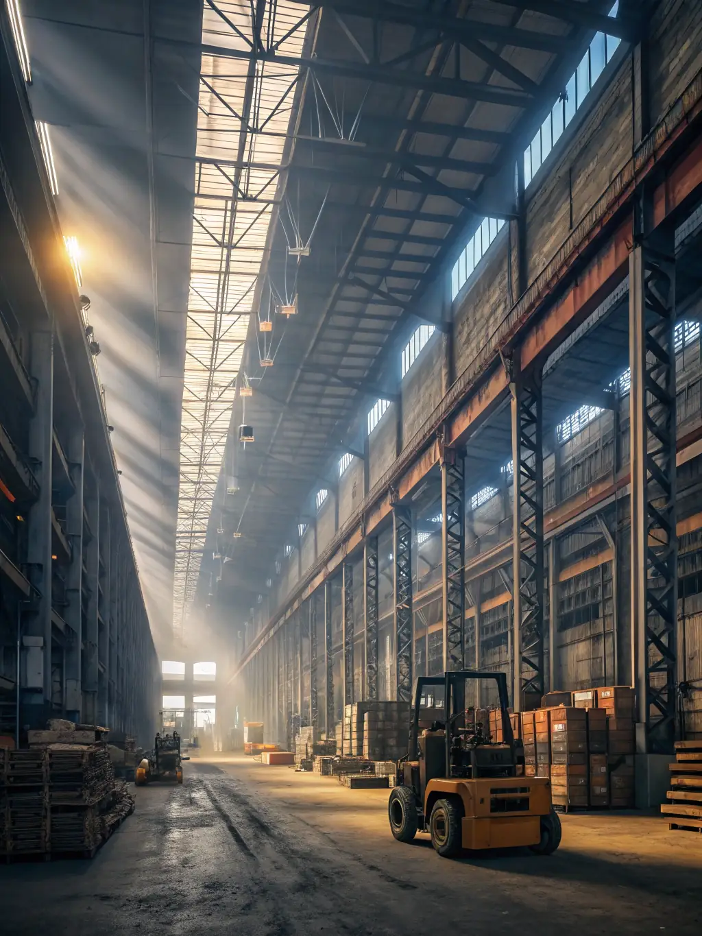 A high-angle, wide shot of a newly constructed industrial hall with a clear span design, showcasing its vast interior space and efficient layout, under a bright, sunny sky.