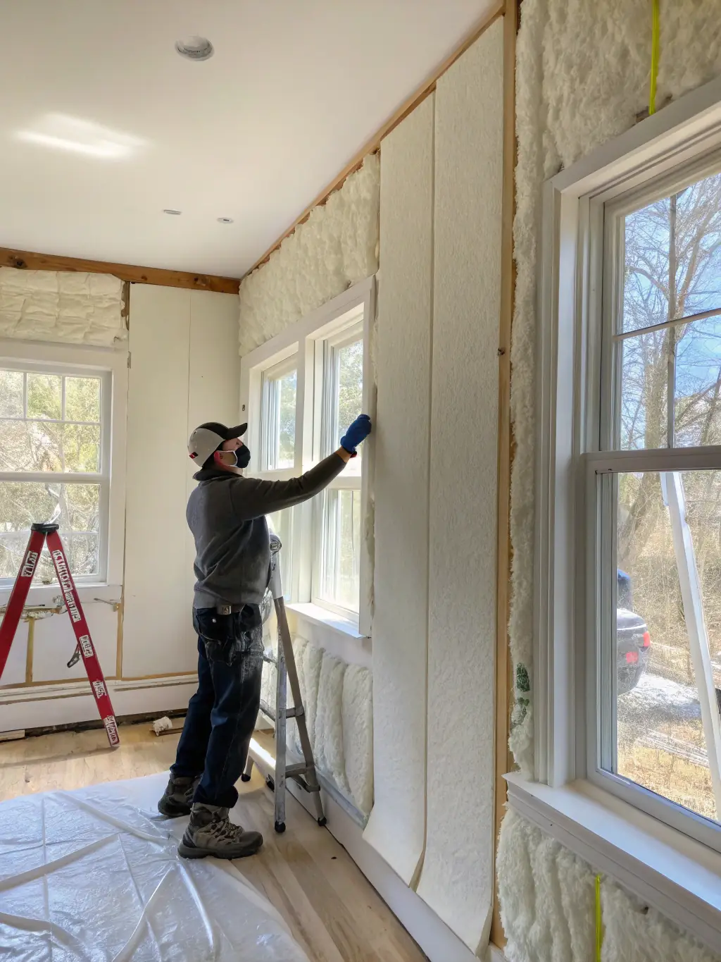 An image illustrating the insulation process of a quick house, emphasizing the materials used and their placement within the steel frame.