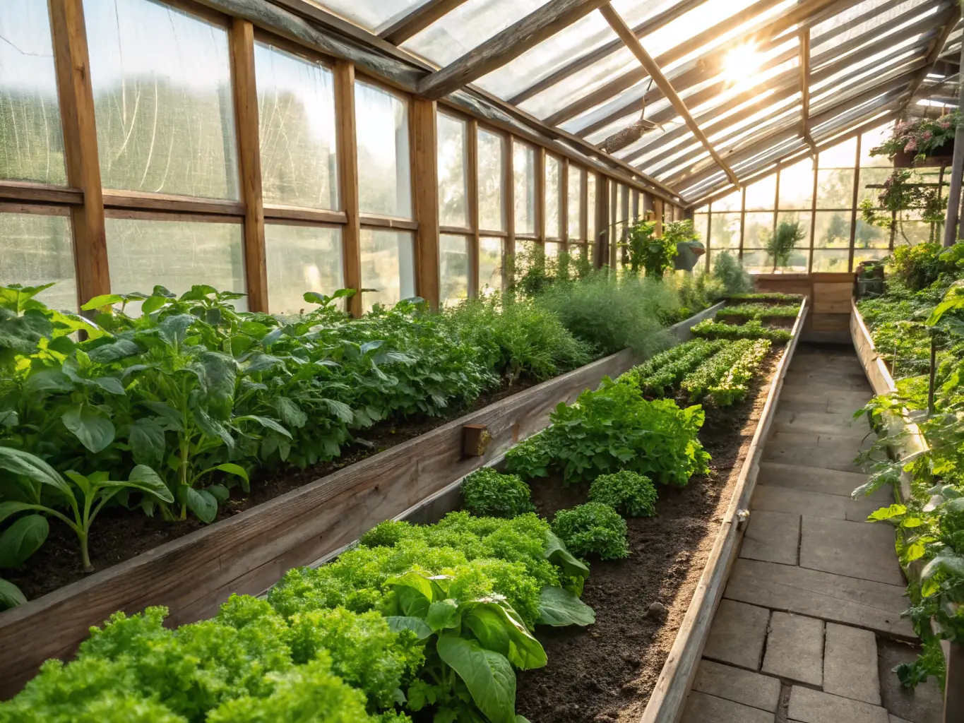 A close-up, vibrant image displays the interior of a plastic house, filled with rows of lush, green plants thriving under the diffused sunlight, showcasing the controlled environment and optimal growing conditions.