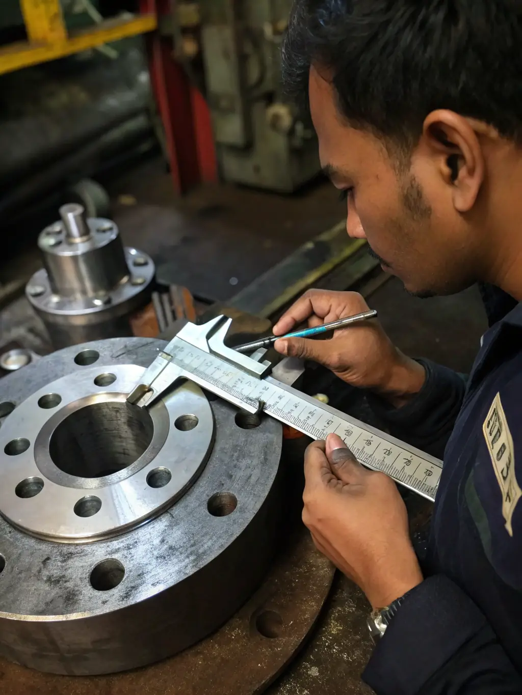 A quality control inspector using precision measuring tools to check the dimensions and tolerances of a fabricated steel component at Török & Török Metál Kft.
