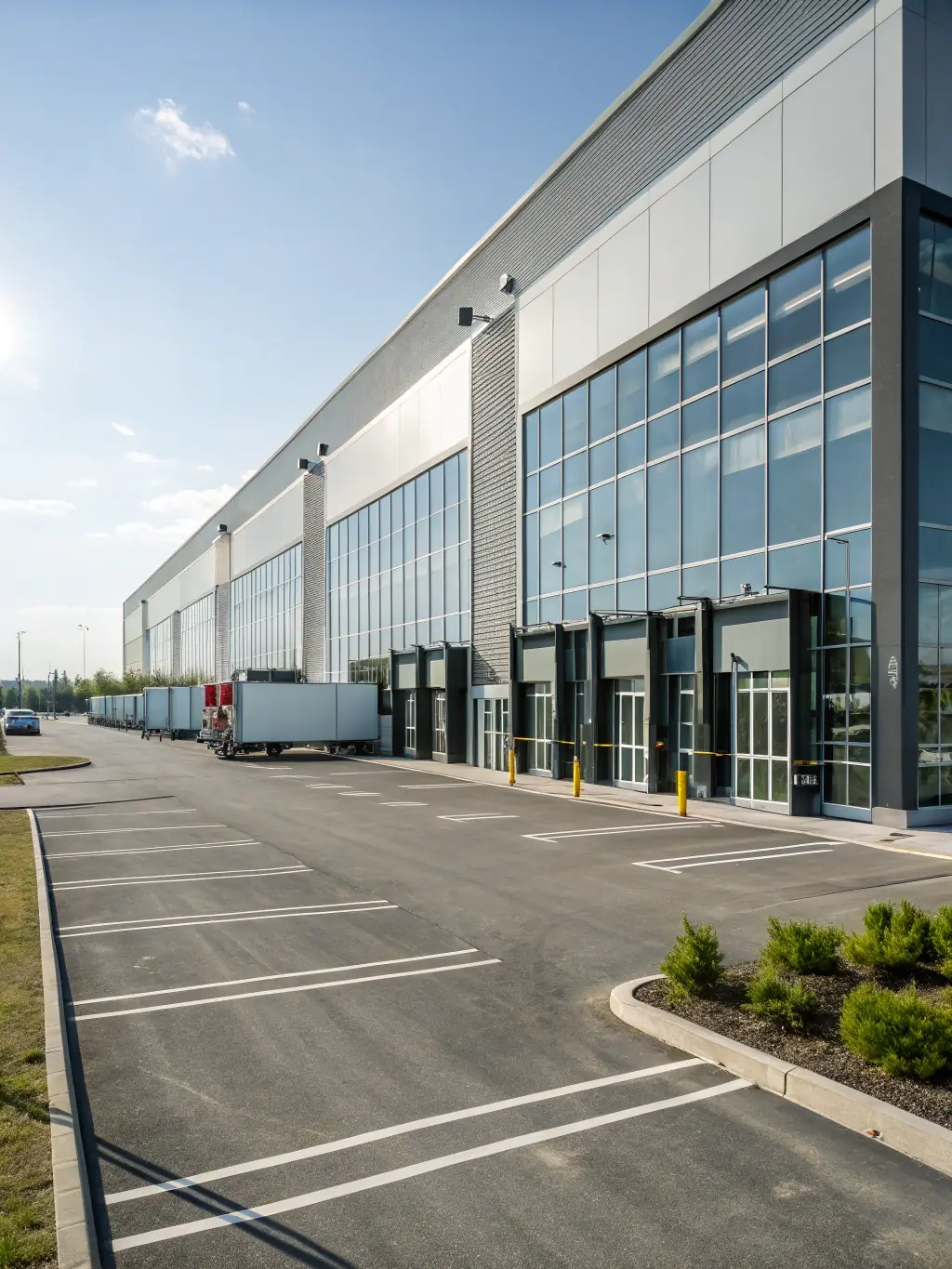 A side view of a modern logistics center constructed with steel, featuring multiple loading docks, efficient traffic flow, and ample parking space for trucks and trailers.
