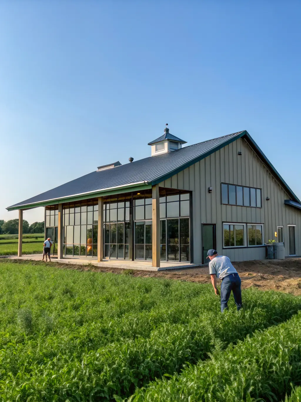 An image showcasing the installation of solar panels on the roof of a steel-framed agricultural building, emphasizing the energy-saving and environmentally friendly aspects of Török & Török Metál Kft.'s designs.