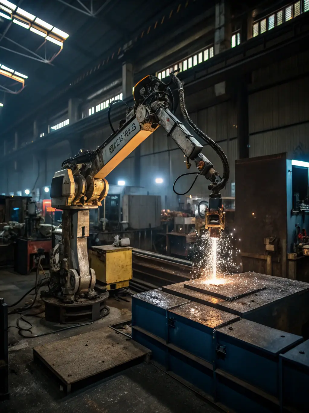 A photograph of a robotic welding arm precisely welding a steel frame in the Török & Török Metál Kft. factory, highlighting the advanced manufacturing technologies used.