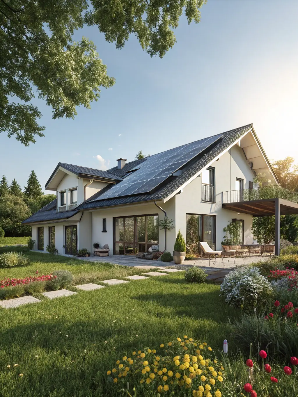 A visual representation of the energy-efficient features of a quick house, such as solar panels or energy-efficient windows, integrated into the design.